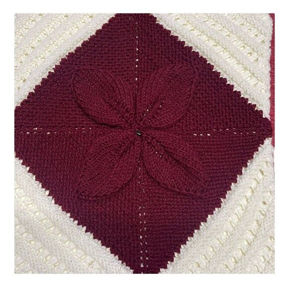 Crochet Handmade Burgundy Flower Throw Pillow Cover Cottage Granny Core 17" VTG - Picture 2 of 5